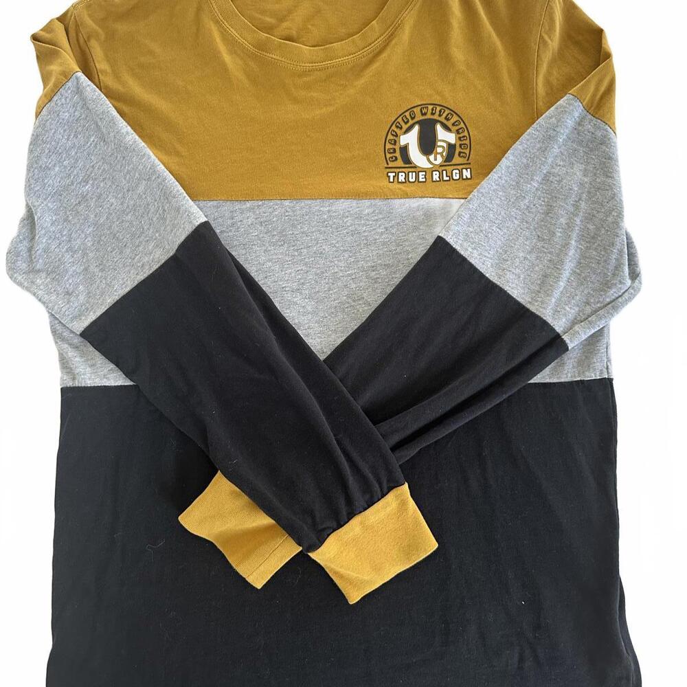 True Religion Men's Color Block Mustard - Black & Gray Long Sleeve Tee - Small